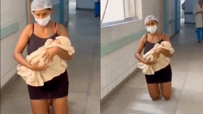 Após 19 dias internado, mãe comemora alta do filho saindo de joelhos da maternidade